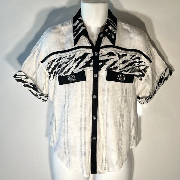 Kam Kam 80's Women's SZ L Ivory & Black button down Grunge Edgy Moto Animal - Picture 1 of 7